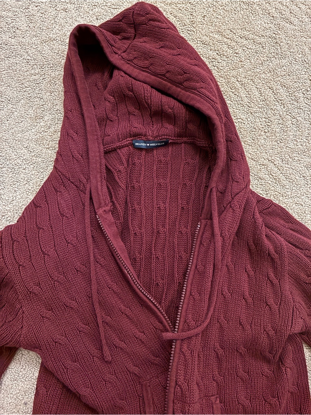 Brandy Melville Cable Knit Hooded Zip Sweater - Wine